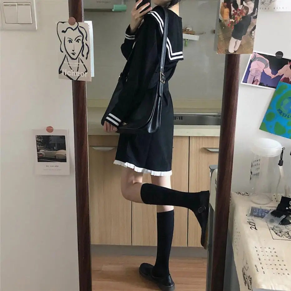 

Mothybot New Japanese Bowknot Dress Navy Collar Long-Sleeved With Wooden Ears Student All-Match In The Party For Young Girl