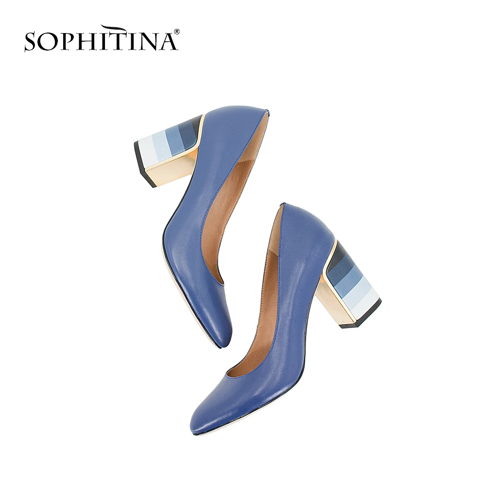 SOPHITINA/Хит продажи г. Туфли-лодочки из натуральной кожи на обтянутом каблуке полосатым материалом. Модная разноцветная обувь из овечьей кожи с закругленном носком. Новинка. Элегантные женские туфли-лодочки W10
