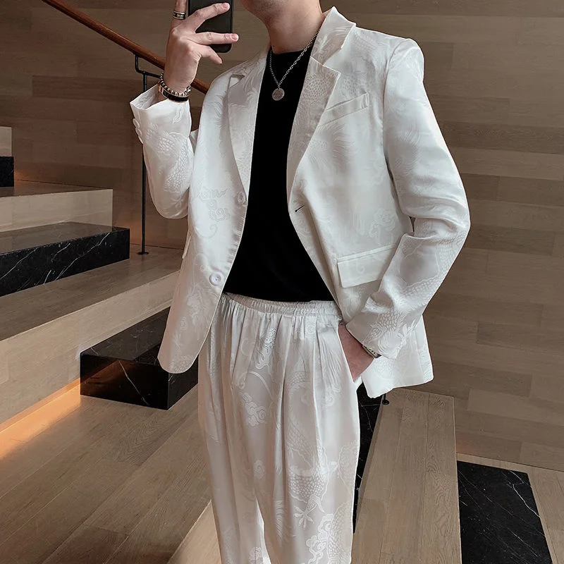 

Men's 2021 Autumn New Vintage Embroidery Suit Two Pieces Set For Men Causal Loose Button Pullover Tops + Elastic Waist Pants
