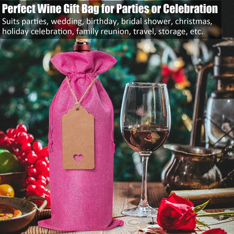 

Linen Wine Bag + Label Set Linen Drawstring Wine Bottle Covers Burlap Wine Bags Jute for Wedding Party Birthday Christmas Gift