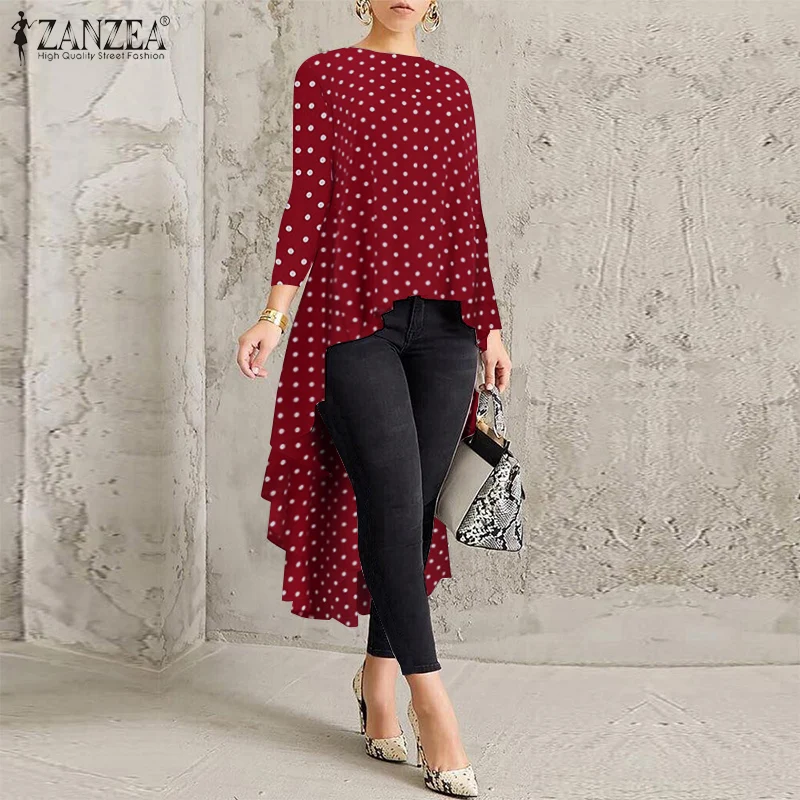 E Dot-2 Wine Red Асимметричное Платье-туника Топ Для женщин Блузка Весна сорочка ZANZEA плиссированная рубашка с длинными рукавами Женский «ласточкиным хвостом» Блузы больших размеров - Цвет: E Dot-2 Wine Red
