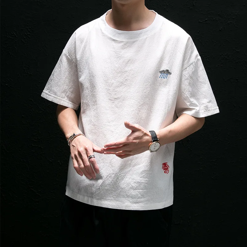 

2021 Cotton and Linen Short-Sleeved Men's T-shirt Loose Large Size Versatile 5-Point Sleeve Embroidered Bottoming Shirt