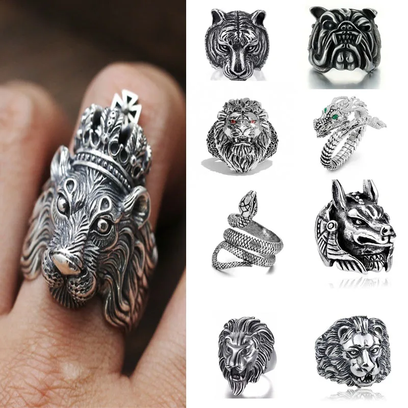 

Punkboy Animal Series! Mixed Styles Men's Domineering Lion Tiger Snake Dragon Dog Metal Ring for Male Party Jewelry