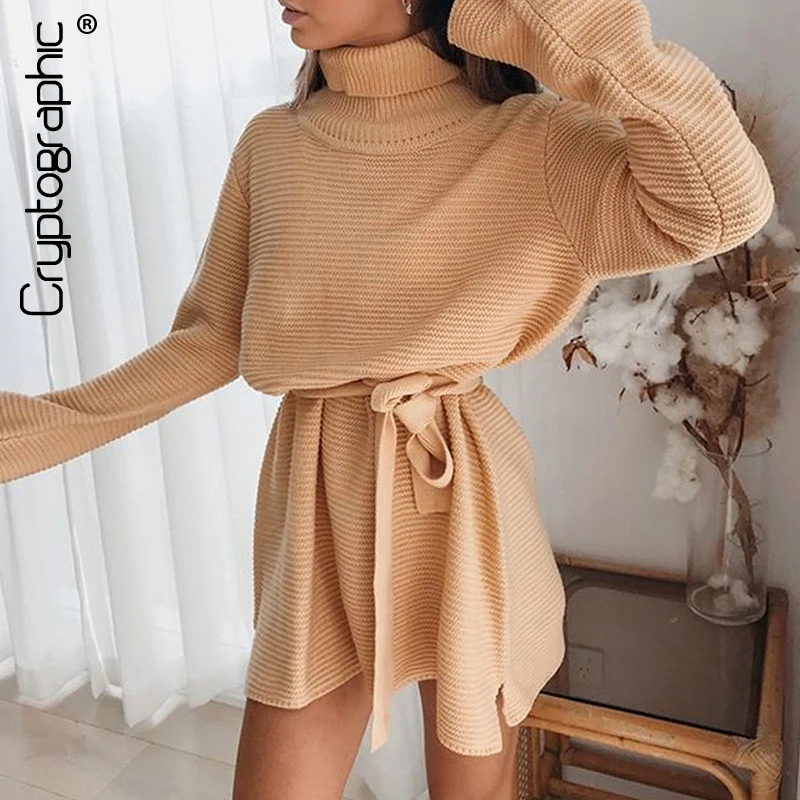 

Cryptographic 2021 Fall Autumn Knitted Sweaters Dress Turtleneck Long Sleeve Split Mini Dress Club Party Dresses Oversized Tunic
