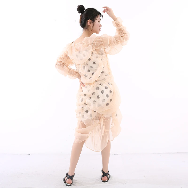 

[EAM] Women Irregular Drawstring Dot Pleated Dress New Round Neck Long Sleeve Loose Fit Fashion Tide Spring Autumn 2021 1Y74704