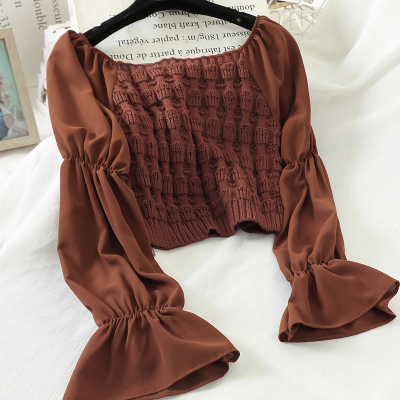 caramel colour Neploe Сексуальная Блузка без бретелек с вырезом лодочкой Лоскутная трикотажная блузка короткий Blusas расклешенная шифоновая рубашка с длинным рукавом Elegant48188 - Цвет: caramel colour