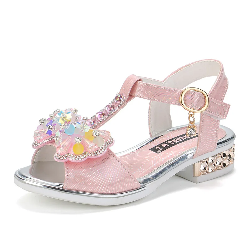 

2021 Summer Children's Princess Sandals Fashion Girls Rhinestone Beaded Student Shoes Open-toe Girls Bow Sandals Kids