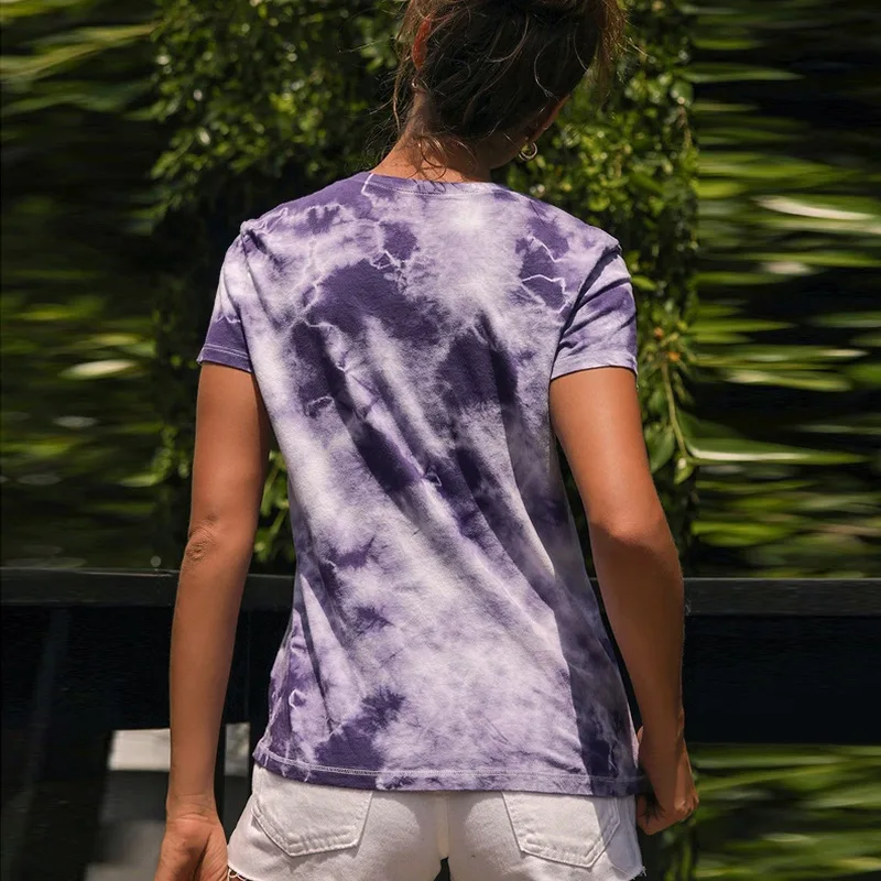 

2021 Fashion Tie Dye Print T Shirt Women Short Sleeve Office Casual Summer Tshirt Female O Neck Home Wear Lady Tee Tops Blouses