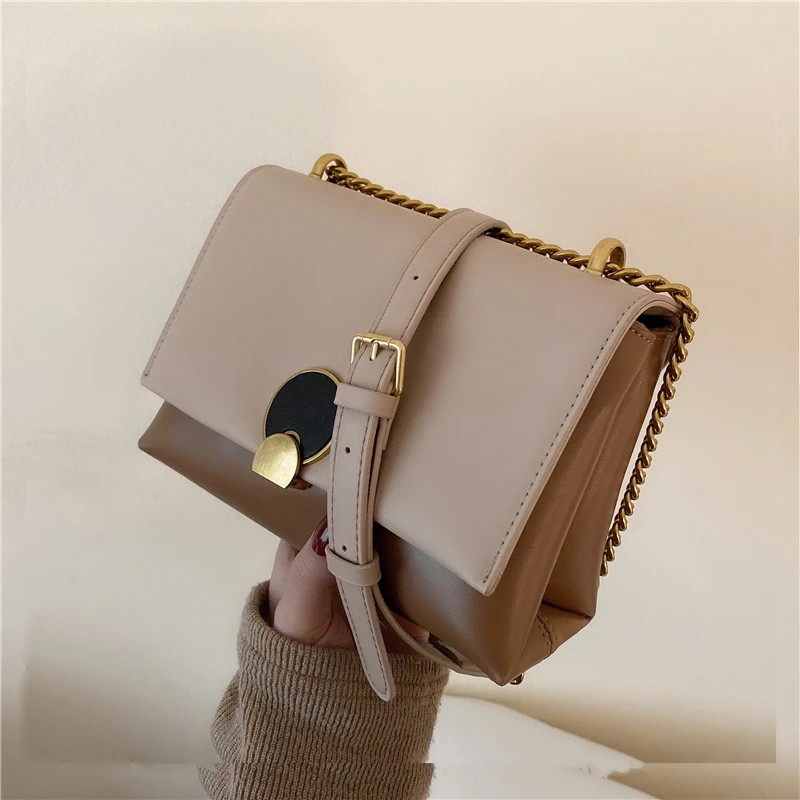 

Spring 2021 Fashion Panelled Color Chain Crossbody Bags Famous Brand Design PU Leather Female Shoulder Bags 2 Zipper Compartment