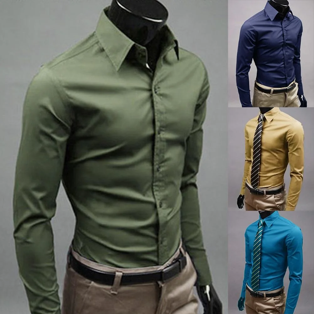 

Shirt Men Dress New Fashion Men Solid Color Business Long Sleeve Men Button Turn Down Collar Shirt Top Polyester