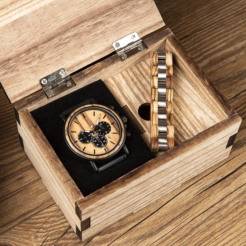 

BOBO BIRD Wooden Men Watch +Wood Bracelet Gifts Suit Quartz Wristwatches Timepiece Chronograph Luminous Relogio Masculino In Box