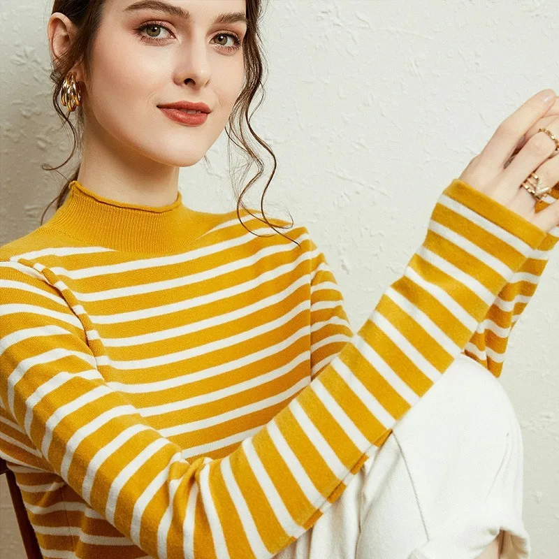 

Korean version of new knitwear women's sweater women's semi-turtleneck fringe stripe top to keep warm against the cold fashion