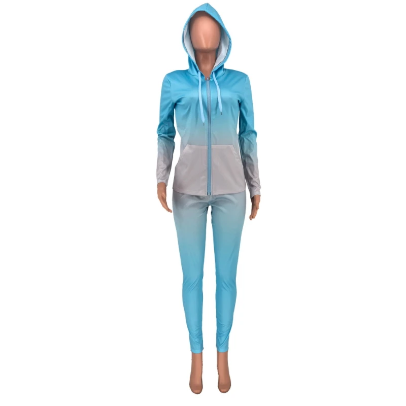 

2020 Autumn Winter New Arrival Gradient Color Print Two Piece Set Pockets Hoodies Cardigan Long Pants Tracksuit For Women Casual