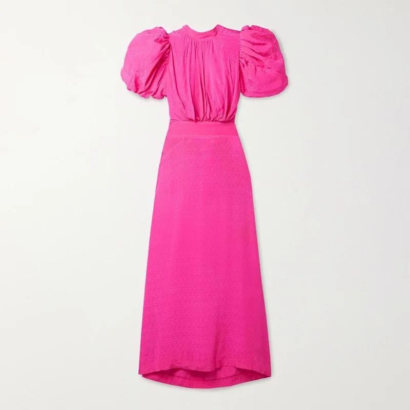 

GALCAUR Pullover Rosed Dress For Women Stand Collar Puff Short Sleeve High Waist Loose Minimalist Mid Dresses Female 2021 Summer