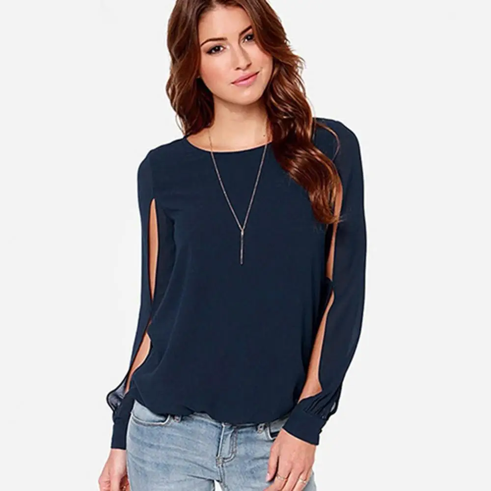 

Female Fashion Loose Sexy T-shirt Black Long Sleeve Round Neck Chiffon Casual Blouse Shirt Tops T-shirts Women 2021