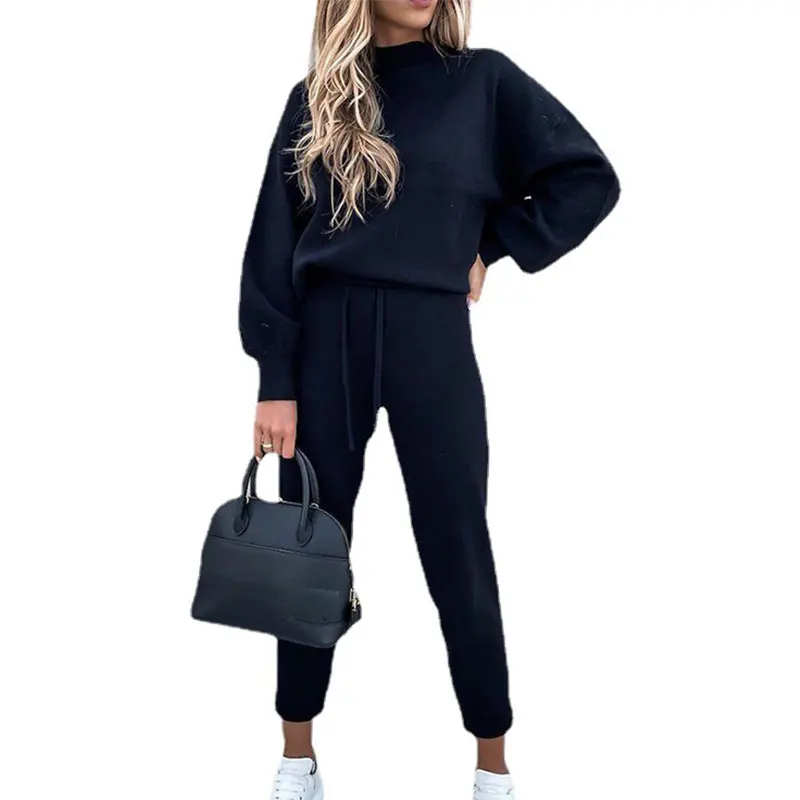 Women Solid Color Two Piece Suits Autumn Winter Long Sleeve Tops High Waist Pant Tracksuit 2pcs Set Casual Trousers Home Clothes