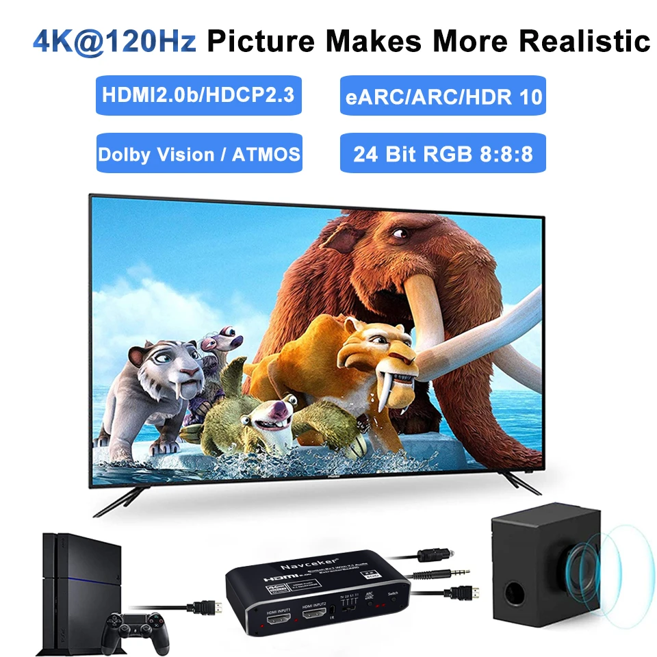 2x1 4K HDMI Switch eARC Audio Extractor With ARC & Optical Toslink HDMI 2.0 Switch 4K 60Hz HDMI Switcher Remote for Apple TV PS4