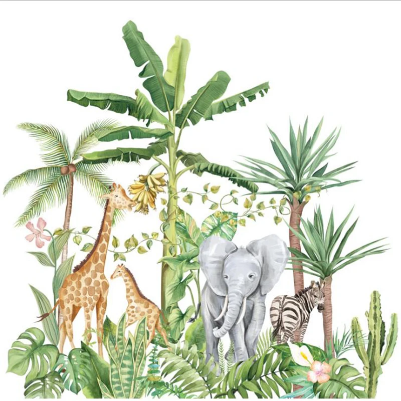 

Cartoon Tropical Rainforest Animals Elephant Giraffe Nordic Plant Wall Stickers Sofa Kids Bedroom Background Corridor Decoration