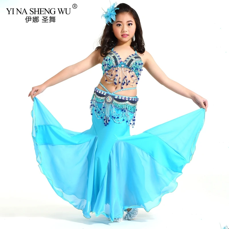 SkyBlue-BraBeltSkirt Детские танцевальные костюмы, комплект для девочек, Восточный танец живота, расшитый бисером, с кисточками, новая детская одежда для сцены, танцевальная одежда, комплект из 2 предметов/3 шт - Цвет: SkyBlue-BraBeltSkirt