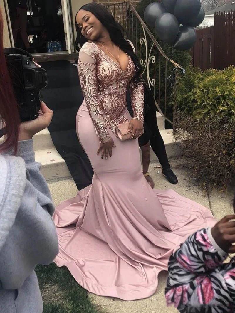 

Long Sleeve Mermaid Prom Dress Sequined Deep V Neck Sweep Strain Illusion Formal Evening Party Gowns Custom Made Plus Size