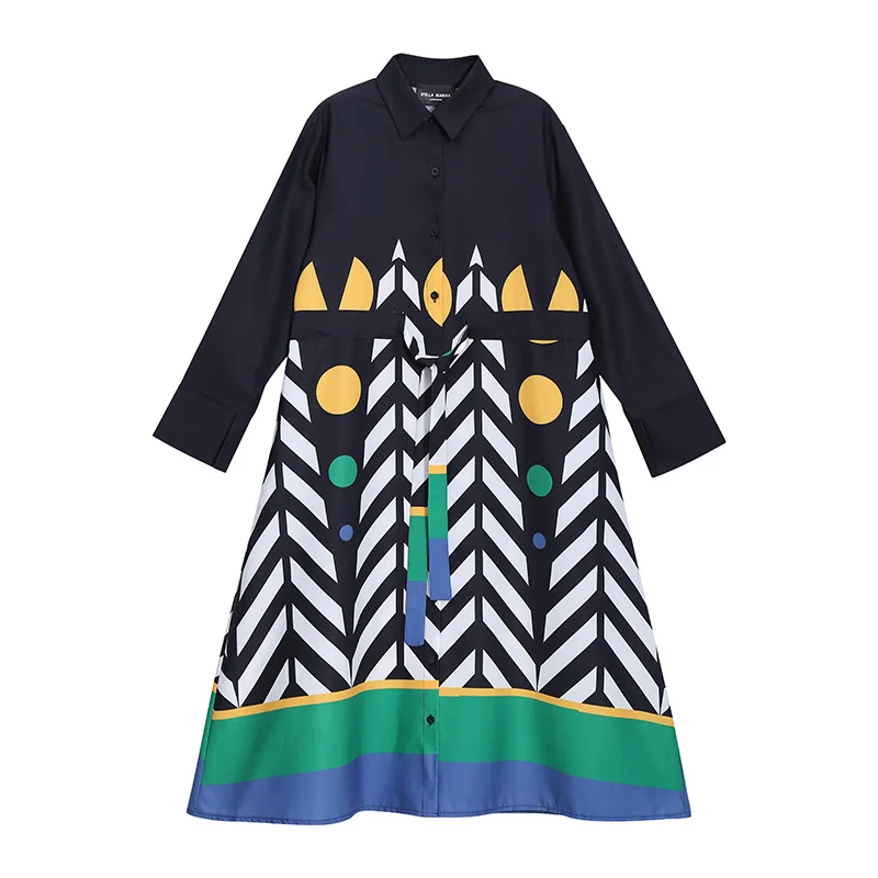 

SuperAen Fashion Autumn 2021 New Loose Digital Printing Plus Size Turn-down Collar Mid-Calf A Line Casual Dress for Women