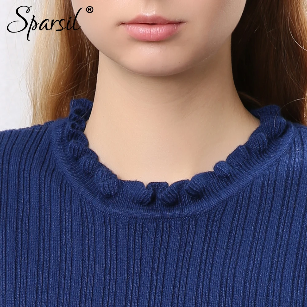 Clearance Sparsil Women Autumn Wool Sweater Ruffled Collar Lantern Sleeve Slim Knitted Woolen Pullover Soft Elastic StripeJumper | Женская