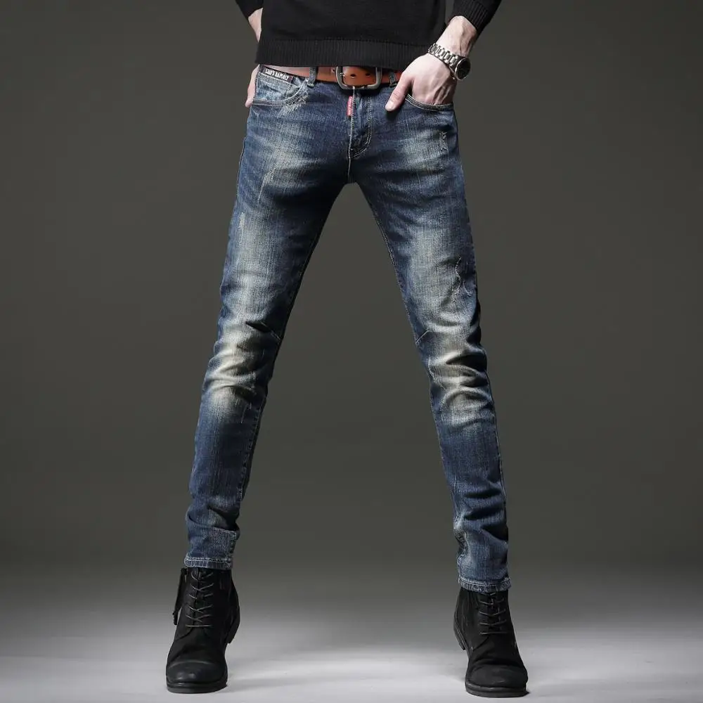 Autumn New Men's Vintage Blue Stretch Jeans Casual Cotton Slim Fit Denim Pants