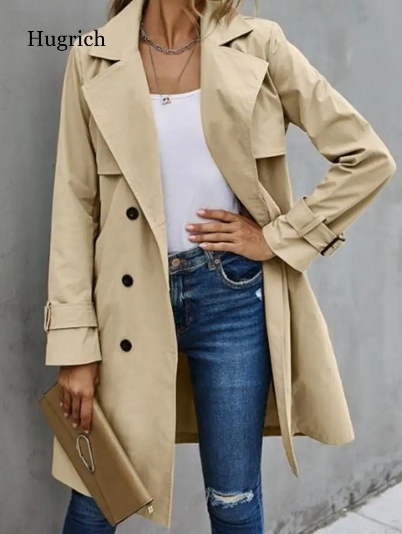 

Women Belted Trench Coat Solid Color Casual Fashion Long Sleeve Double Breasted Lapel Jacket Adult Autumn