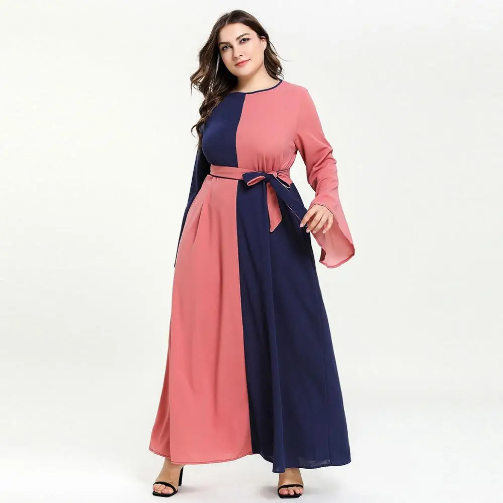 Арабский Vestidos 2020 мусульманская мода кафтан Турция женское контрастное Платье макси с расклешенными рукавами Caftan Марокко халат с поясом