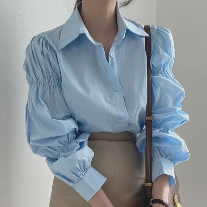 

ZCSMLL blue tops Korea chic spring simple wild lapel loose top single-breasted wrinkle design puff sleeve shirt women
