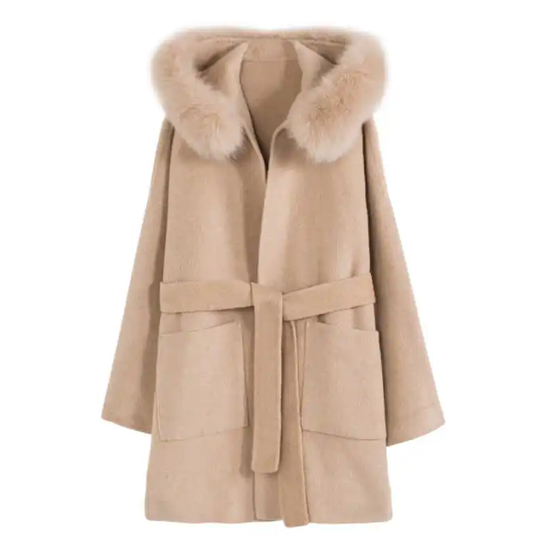

Coats Cashmere Women Double Side Wool Coat Big Fox Fur Collar Overcoat 2021 Winter Long Cashmere Hooded Cap Outerwear