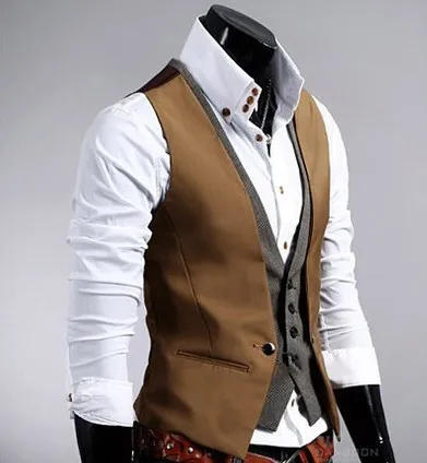 Formal Waistcoat Mens Work Sleeveless Jacket Men Slim Fit Faux Two Pieces Vests For Blazer Vest Male Black Brown |