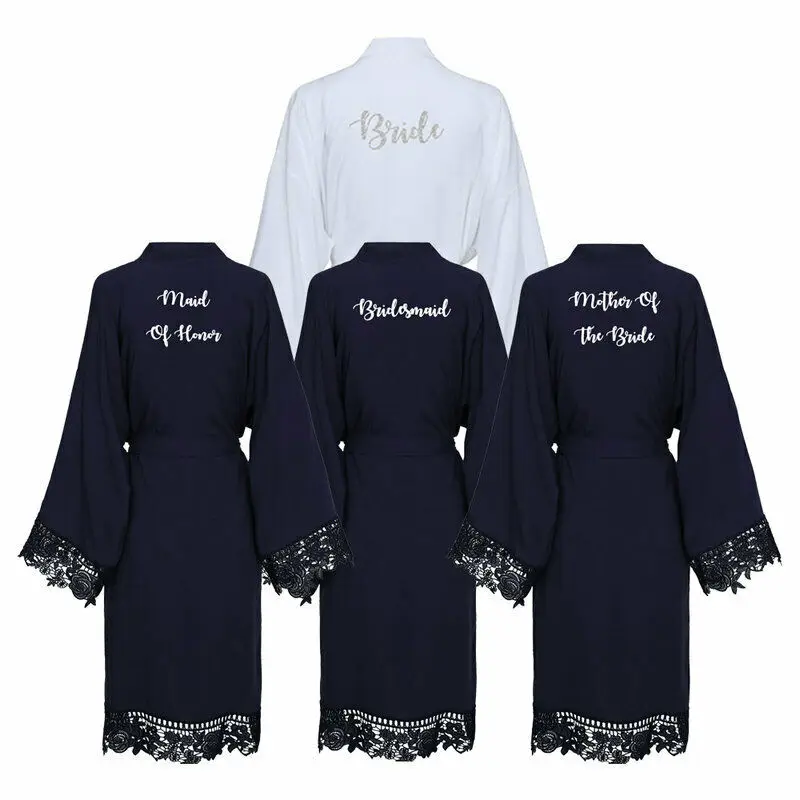 Solid Cotton Kimono Robes with Lace Trim Women Wedding Bridal Robes Bathrobe Sleepwear Bridesmaid Robes Bathrobe