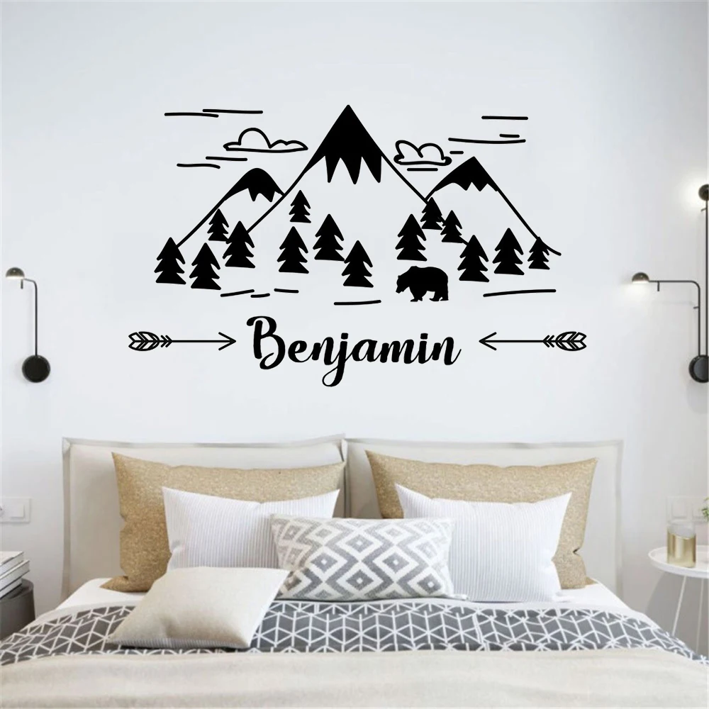 

Baby Custom Name Wall Decal Forest Mountain Vinyl Window Sticker Nursery Kids Bedroom Home Decor Personalised Names Mural 311-05
