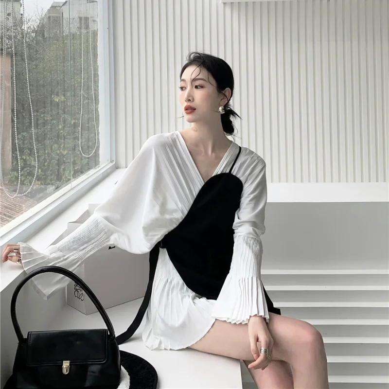 

Patchwork V Neck Long Sleeve Design Dress for Women Simple Slim Waist All Match Vestido De Mujer A Line Solid High Street Robe