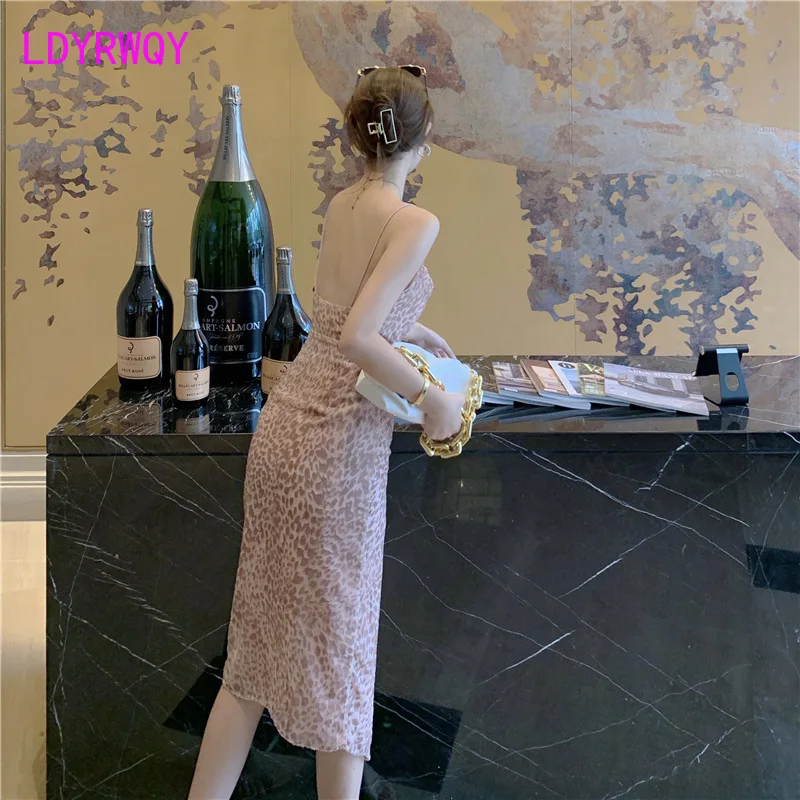 

LDYRWQY Sexy beach flounces show back slim slit halter holiday dress Office Lady Zippers V-Neck Polyester