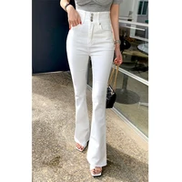 three buttons high waist womens casual stretch length solid color jeans versatile personality design slim micro flared jeans