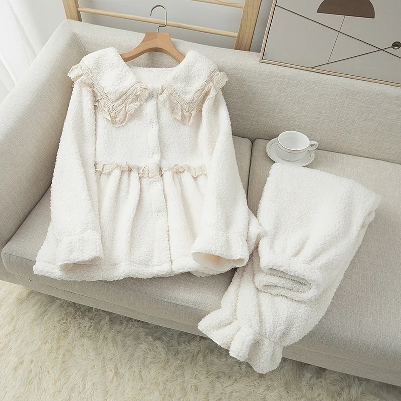 

Cute Berber Fleece Ladies 2PCS Homewear Winter Thicken Warm Pajamas Set Loose Full Sleeve Sleepwear Sweet Lace Ruffles Nightwear