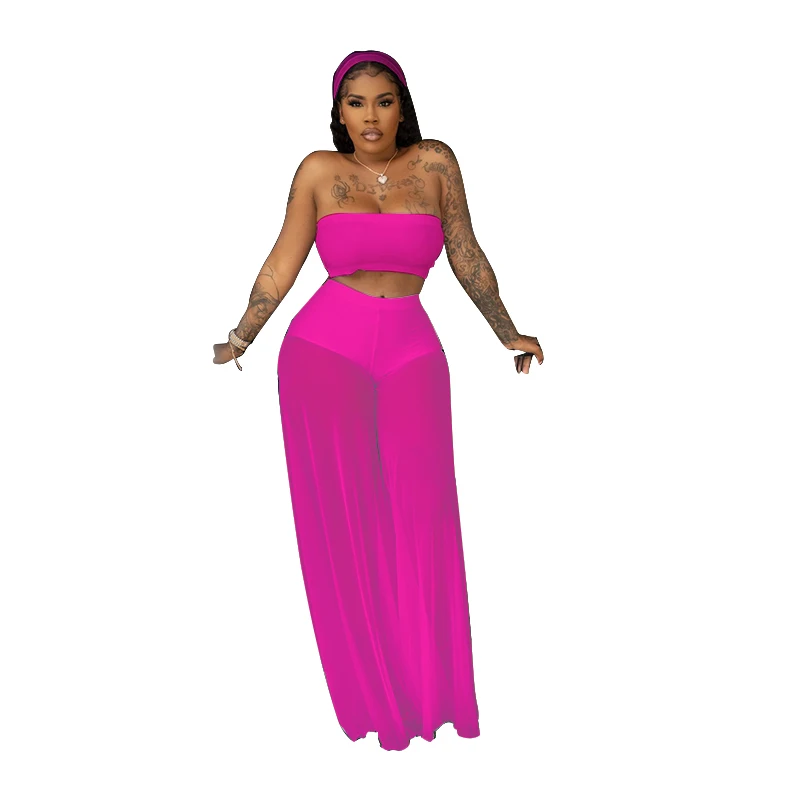 Fashion Trend Bohemian Hot European And American Sexy Women's Pure Color Transparent Mesh two-piece Set 018