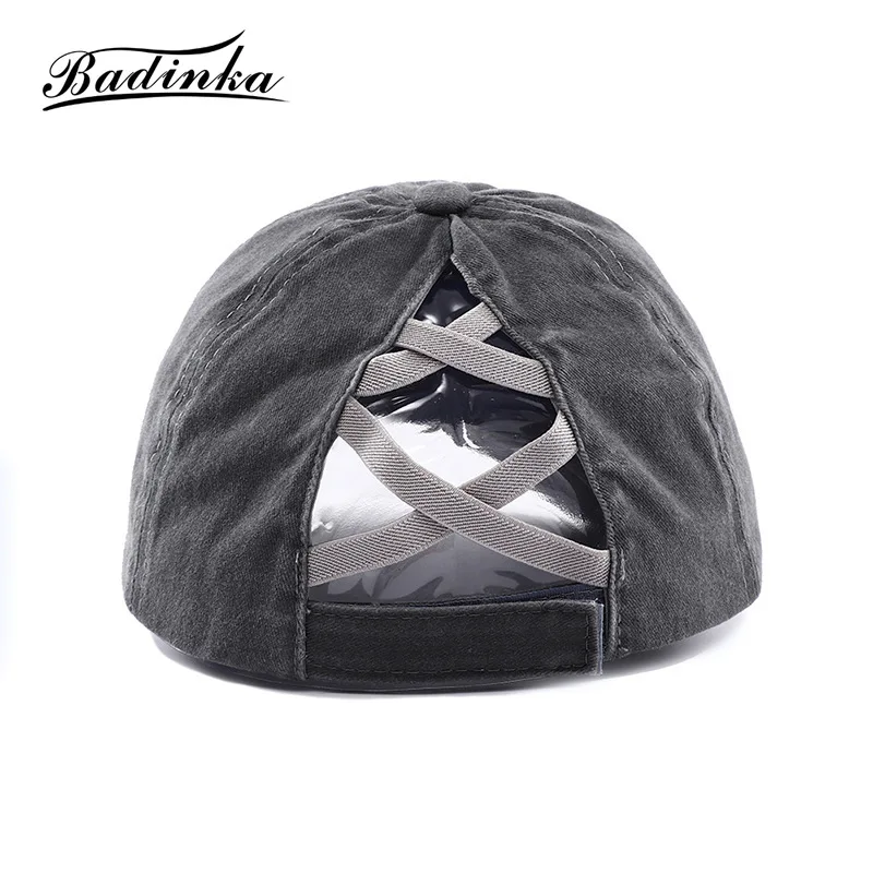 Badinka 2021 New Summer Vintage Ponytail Baseball Cap Hat Distressed Cotton Messy Bun Fitted Dad Snapback Hats for Women Gorras