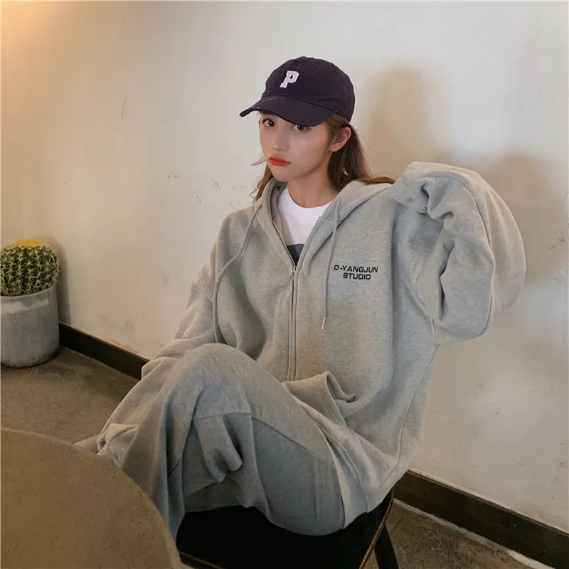 

Женская толстовка на молнии, свободная бархатная Толстовка С Карманами и буквенным принтом, Повседневная Уличная одежда Харадзюку большог...