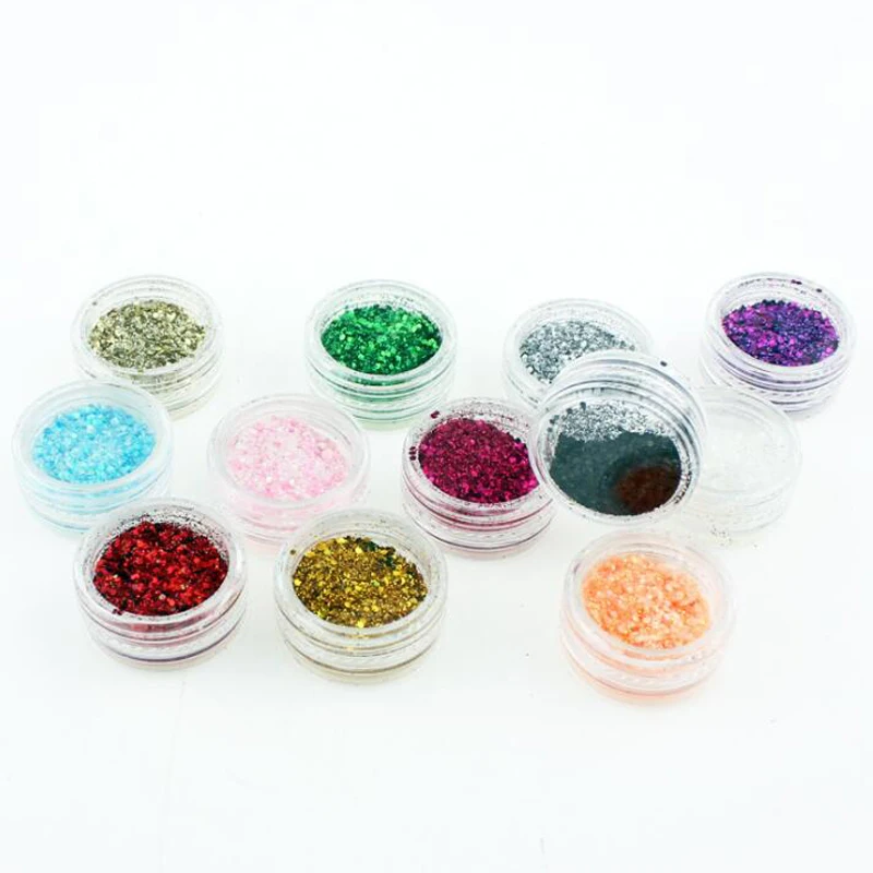 Набор блестящих порошков для ногтей разных цветов 12 шт. лазерные блестки