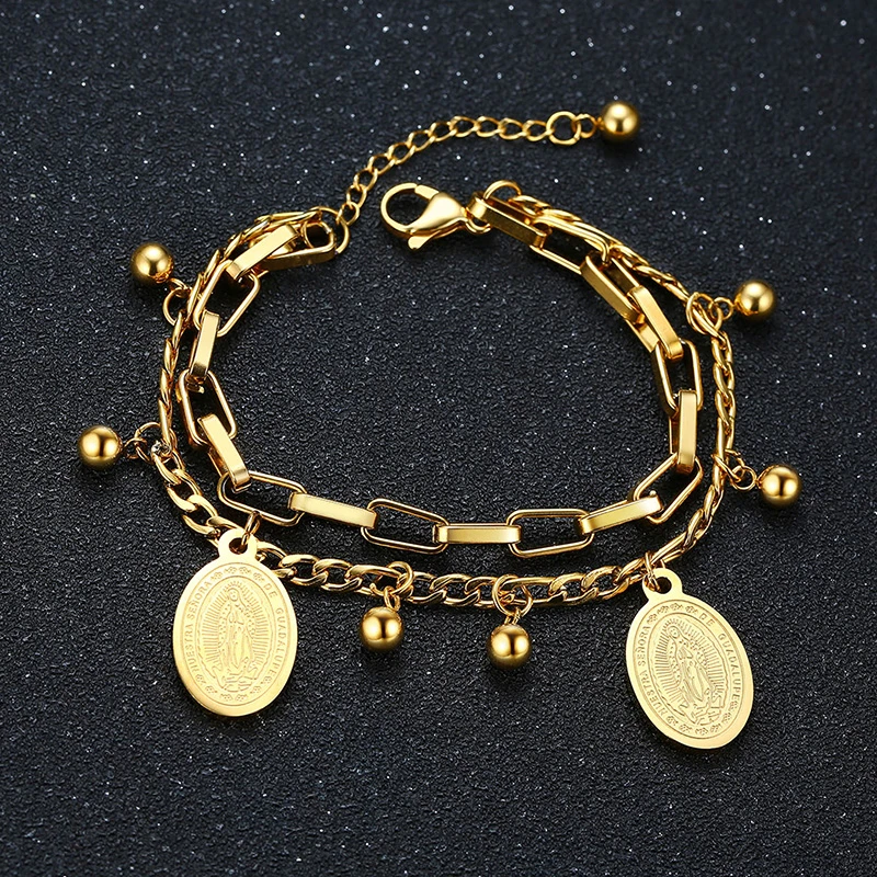 Золотистый браслет Дева Мария двойной благословенный медальон изящный из
