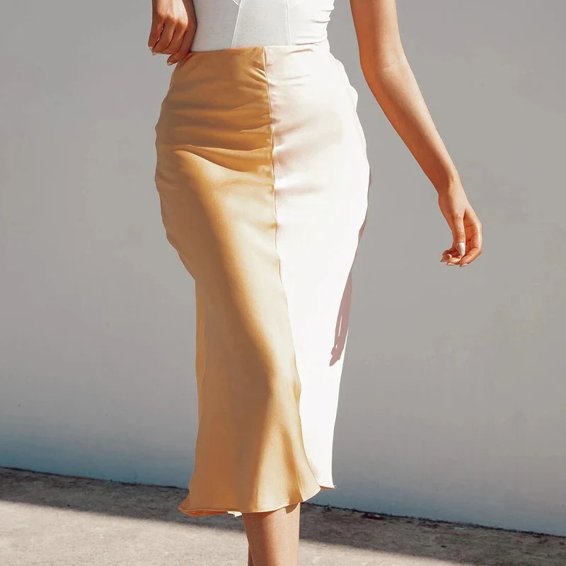 

Женская атласная юбка в стиле пэчворк контрастных цветов, до середины икры, трапециевидная повседневная женская уличная одежда с высокой т...