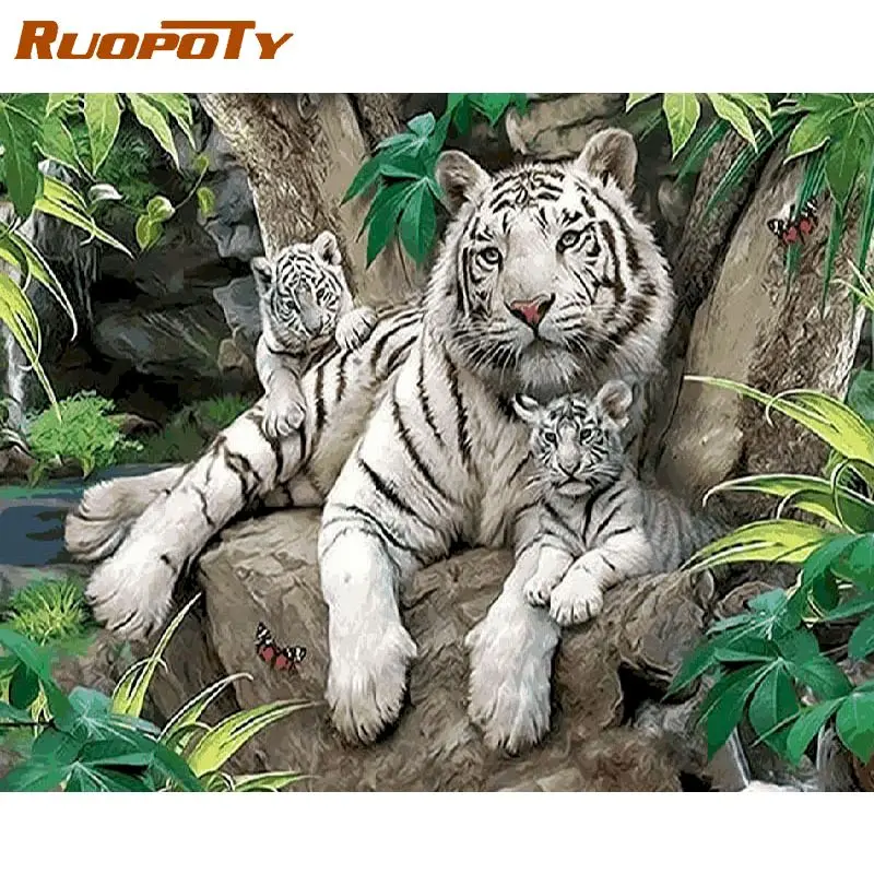 RUOPOTY белые Тигры животные Diy живопись по номерам Настенная картина домашний декор
