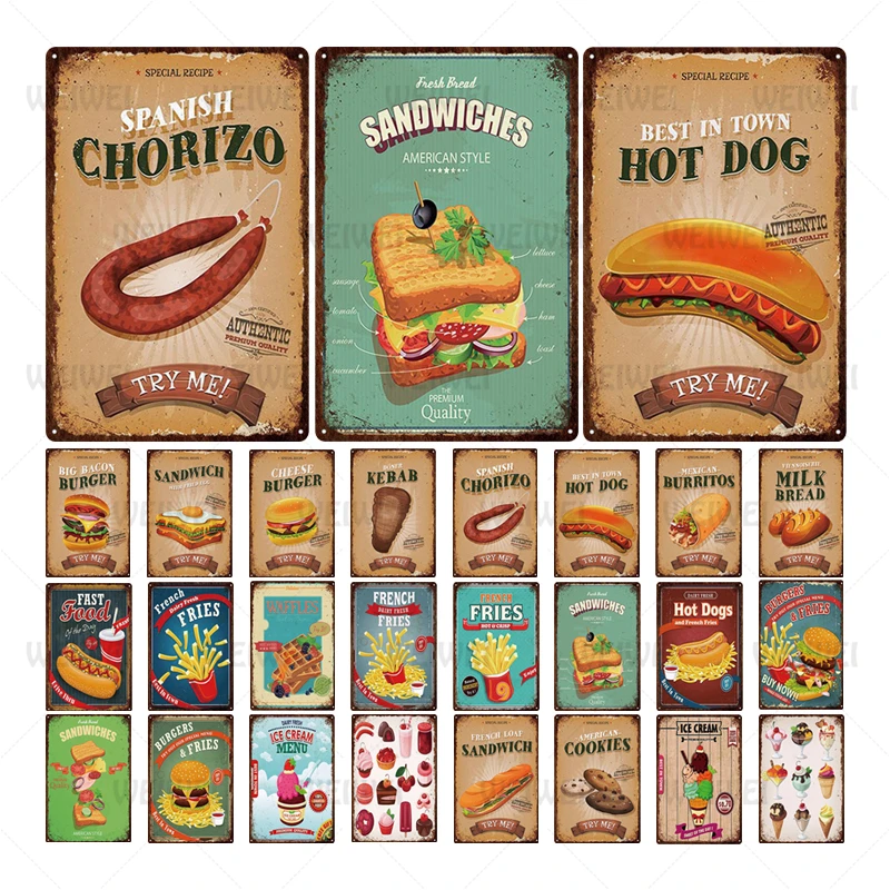 

Fast Food Tin Sign Vintage Metal Sign Plaque Metal Vintage Hot Dog Wall Decor For Kitchen Cafe Diner Bar Metal Signs(20x30cm)