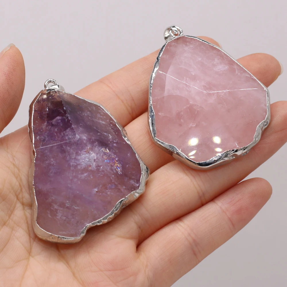 

Natural Stone Amethyst Rose Quartz Pendants Plating Silvery Irregular Charms For Women Necklaces Accessories Jewelry Making