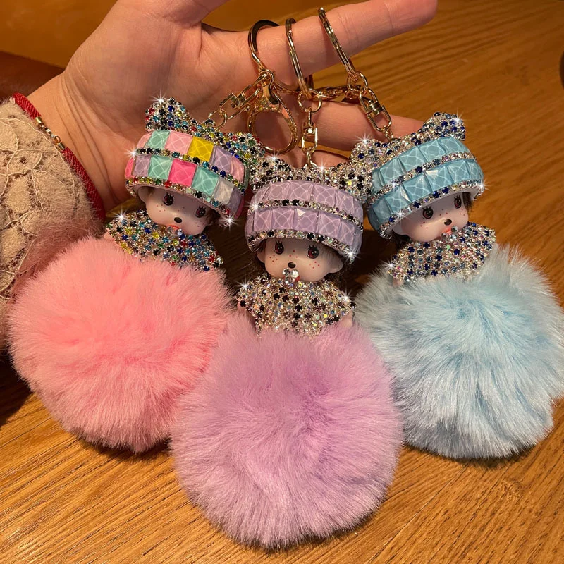 Детский пушистый женский брелок для ключей из кроличьего меха с розовым