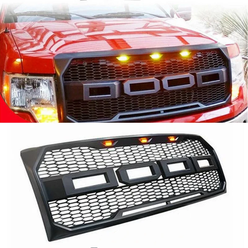 

Matt Black With Yellow LED Light Auto Front Racing Grill Engine Mesh Guard for Ford F-150 Raptor Style 2009-2014 Car Accessories