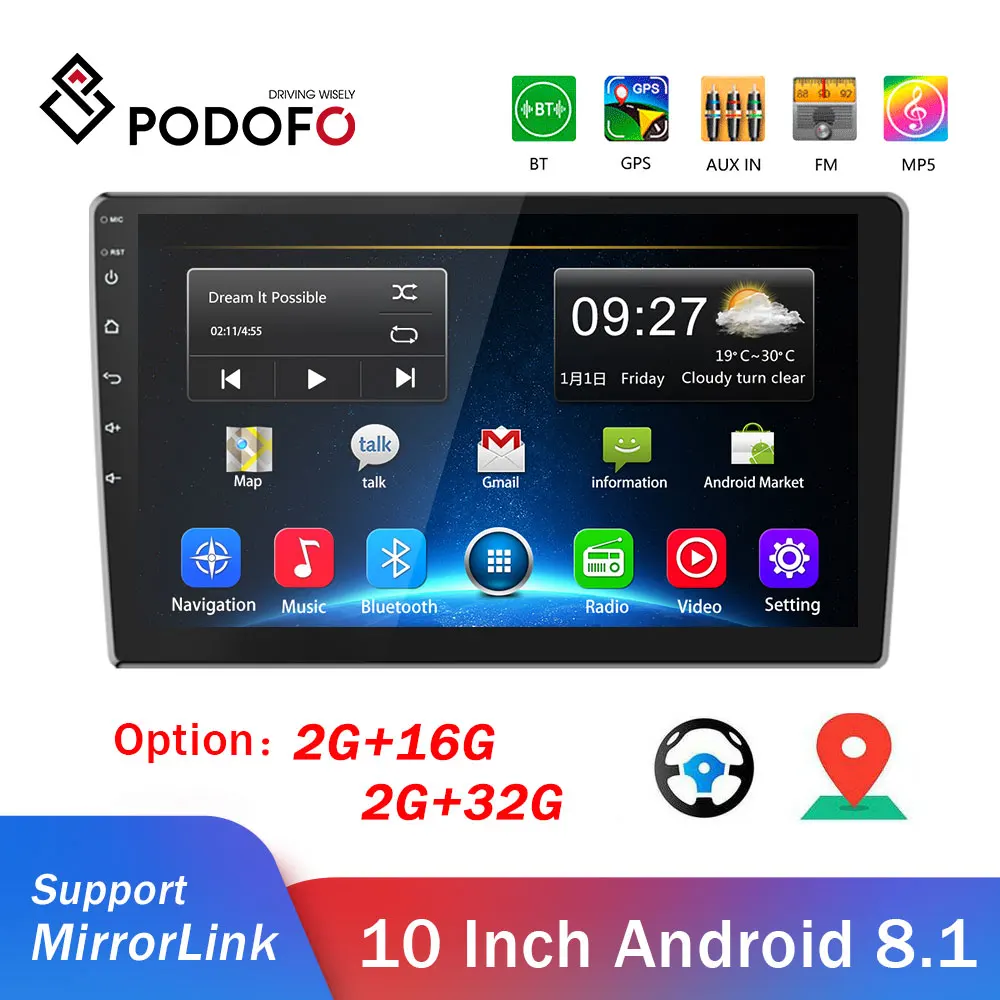 Автомагнитола Podofo 2 Din Android 10 1 дюйма + 32 ГБ Bluetooth Wi Fi GPS для VW Toyota Nissan Kia Skoda